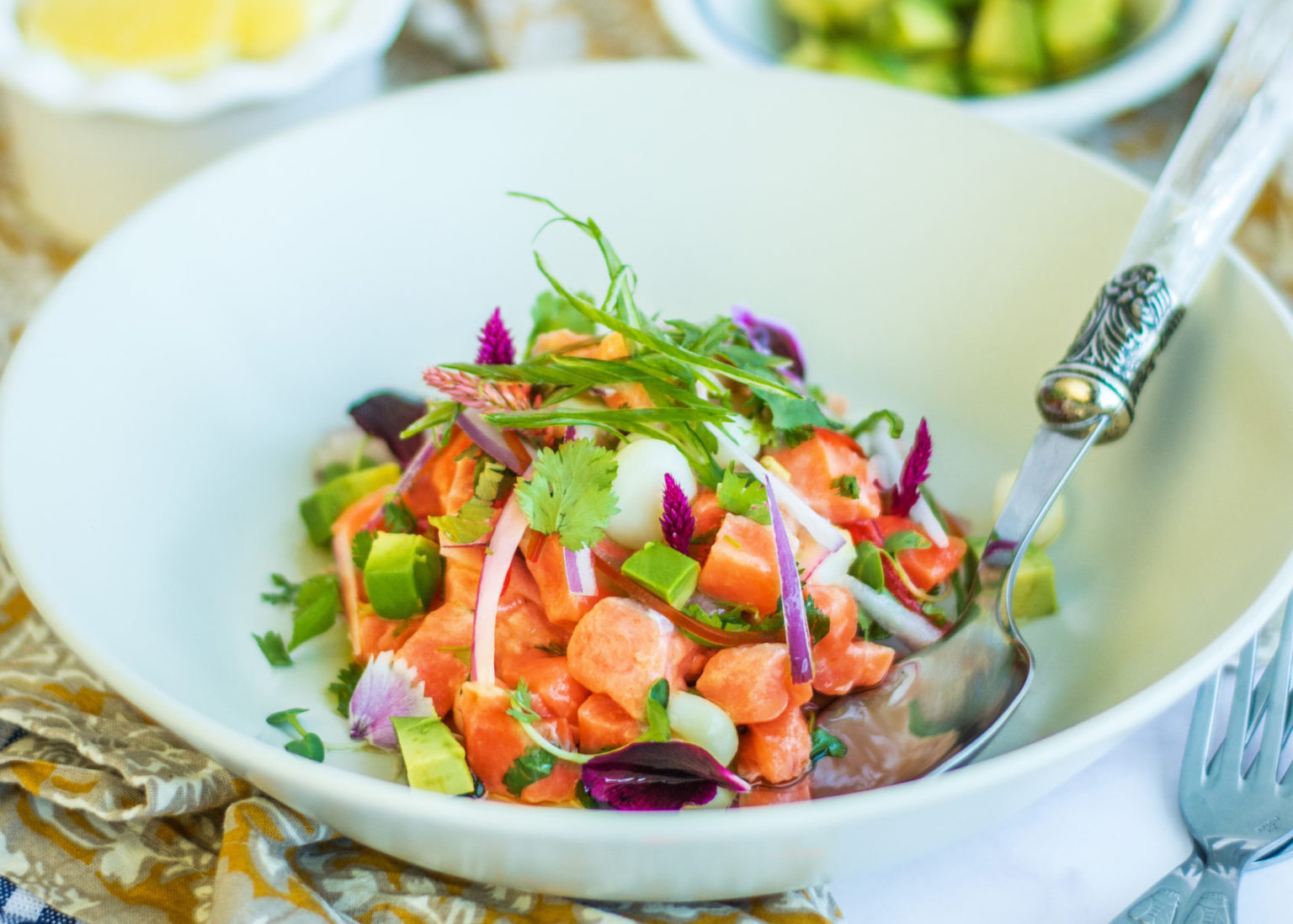 Salmon Ceviche with Avocado and Corn Camanchaca