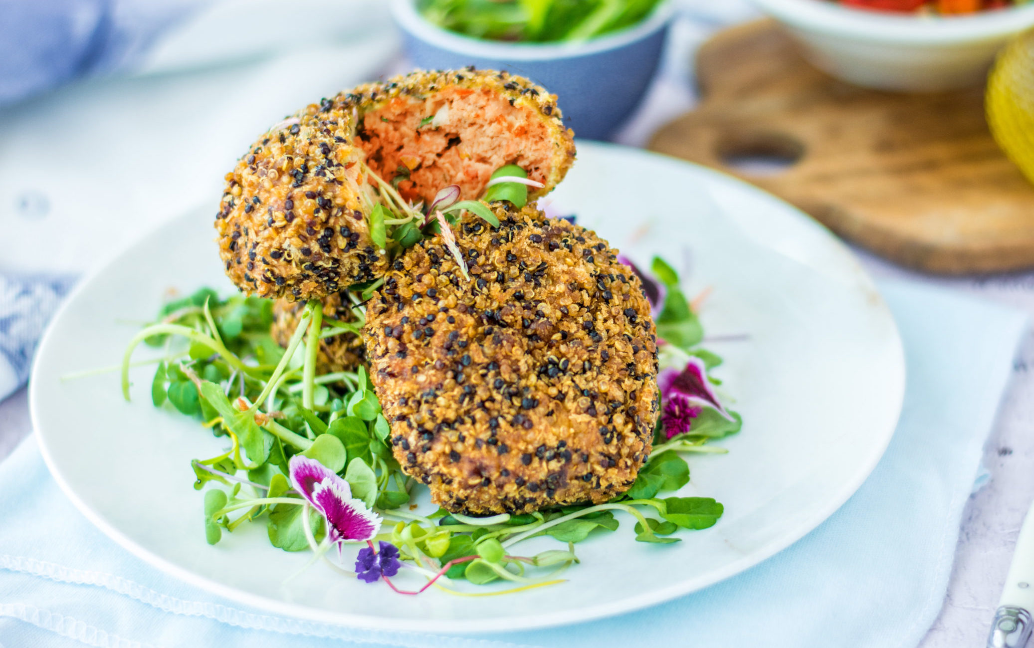 Salmon Croquettes Breaded in Crunchy Quinoa with Caper Butter Camanchaca